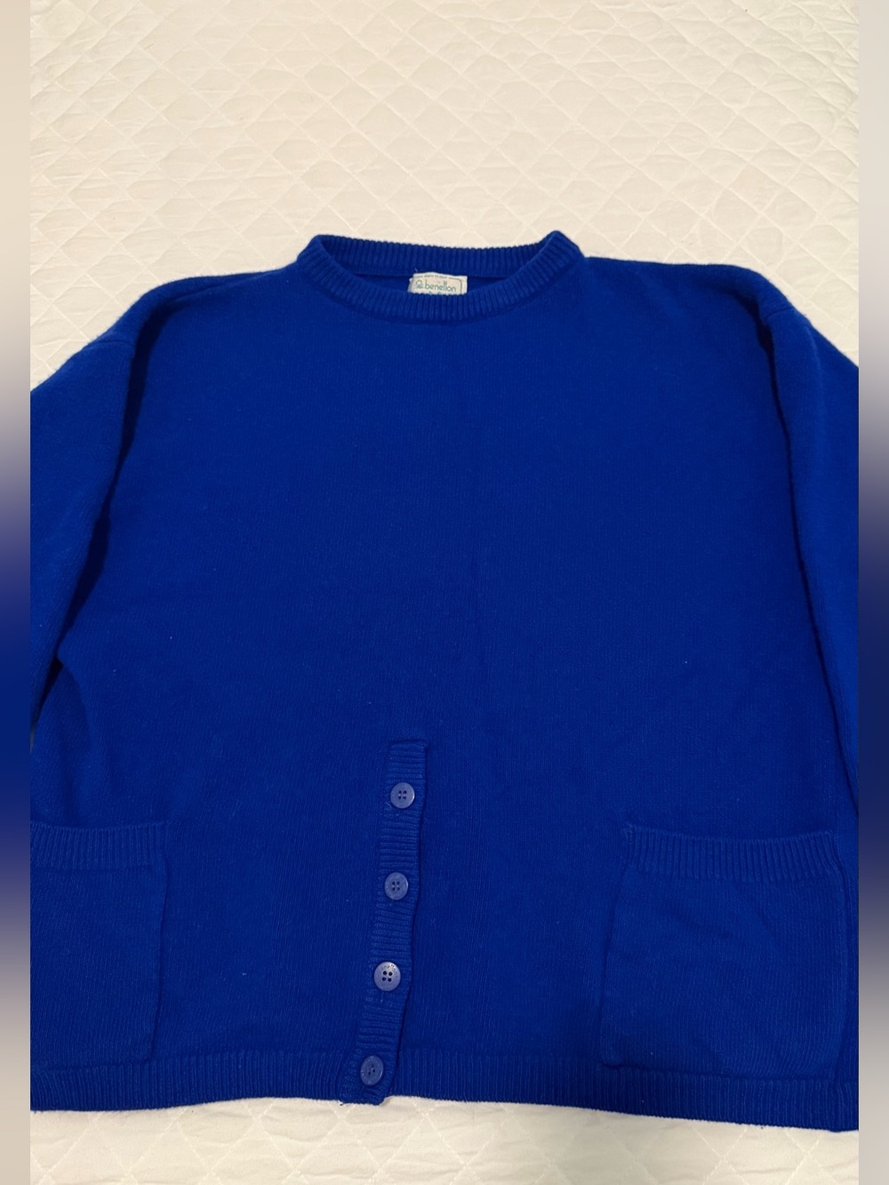 Benetton VintageMade in Italy Blue 100% Pure Lambswool Sweater 3/4 Sleeve .